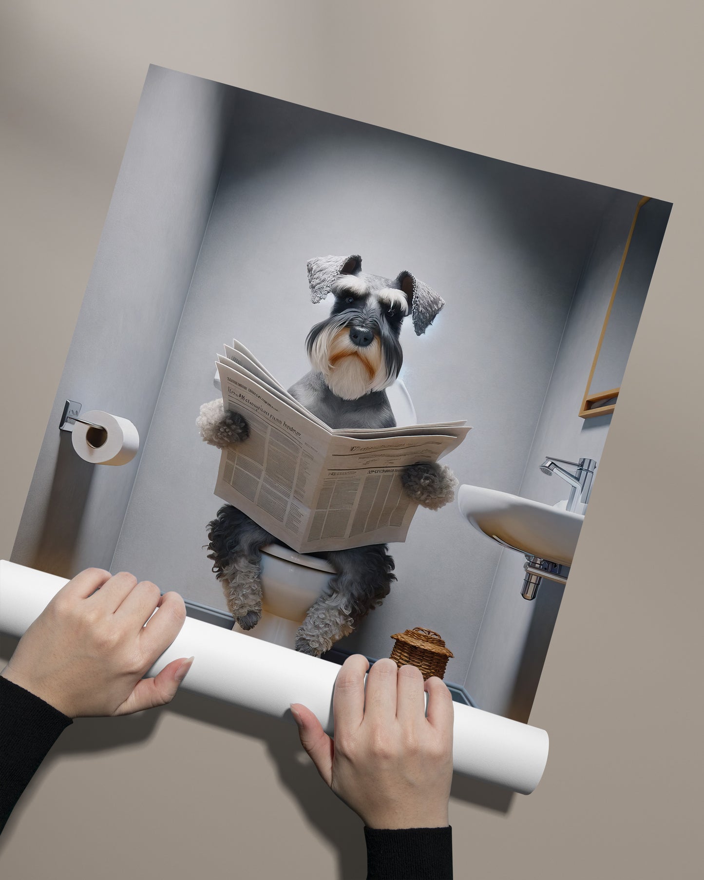 Poster Humoristique: Schnauzer Lisant le Journal sur les Toilettes, Décoration WC, Déco Salle de Bain, Cadeau Amusant