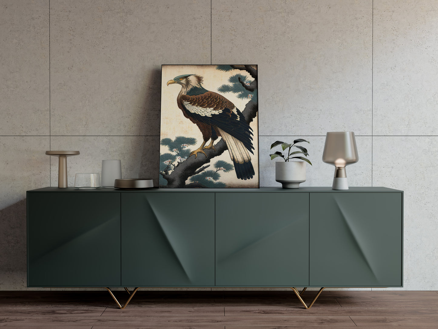 Poster aigle japonais posé sur un buffet vert sapin, mur beige texturé
