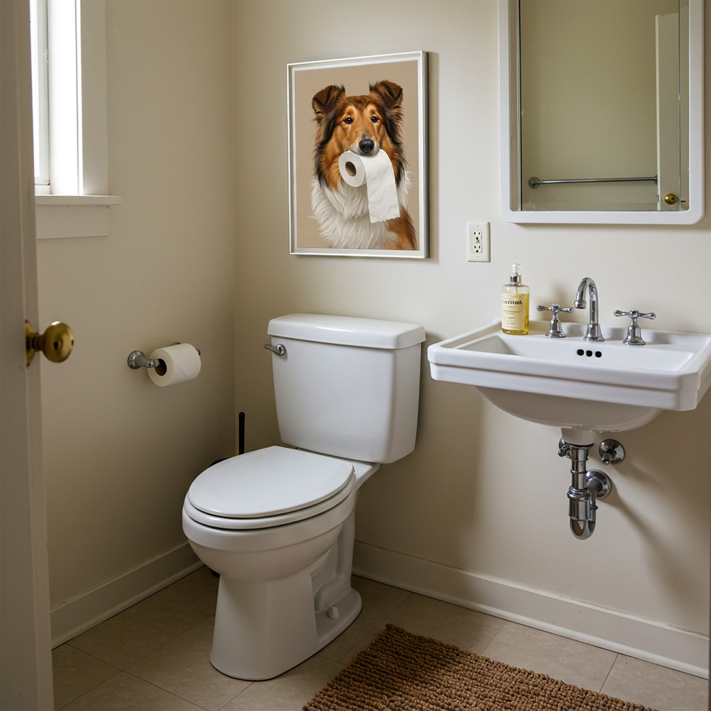 Poster Colley tenant un rouleau de papier toilette, encadré au-dessus des WC près du lavabo