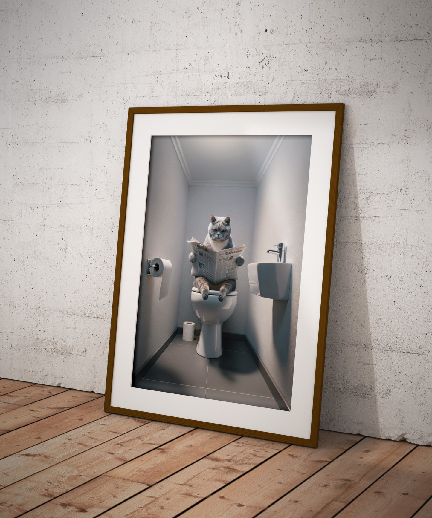 Affiche Humoristique Chat British Shorthair Bleu & Blanc aux Toilettes, Décoration Murale WC & Salle de Bain, Idée Cadeau Fun