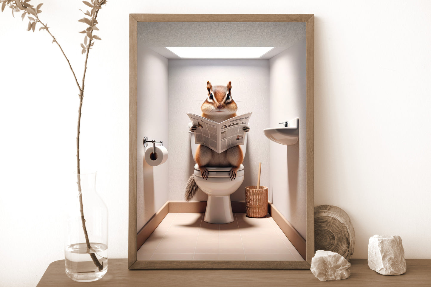 Poster humour : Écureuil lisant le journal, Décoration WC, Cadre déco salle de bain, Art mural drôle, Cadeau original Toilettes