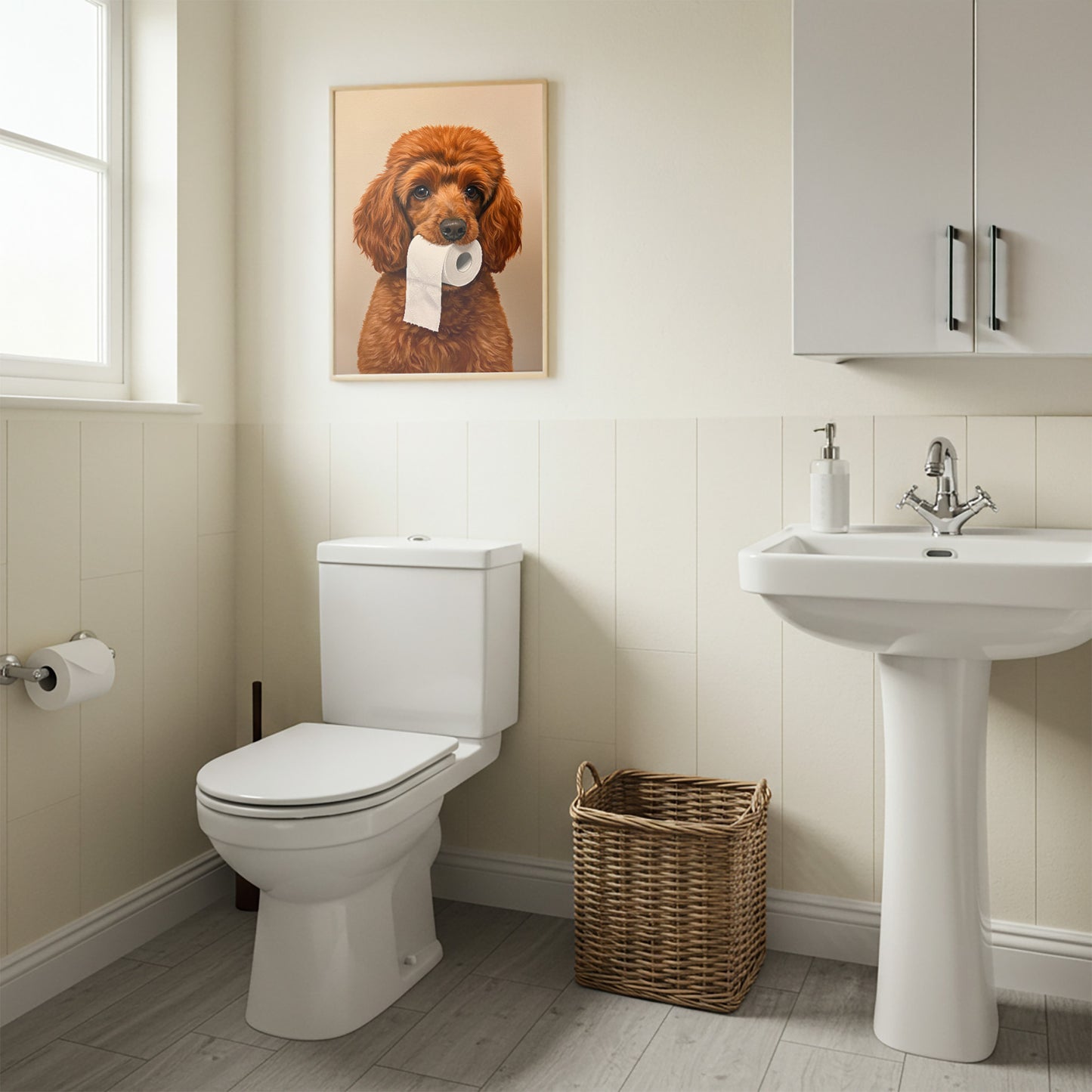 Poster chien caniche marrant pour toilettes – Affiche déco murale WC humoristique, idée cadeau original, encadrée ou non