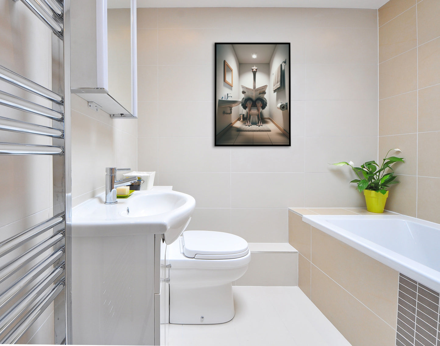 Beige bathroom with a bathtub and a black framed ostrich reading the newspaper poster on the wall