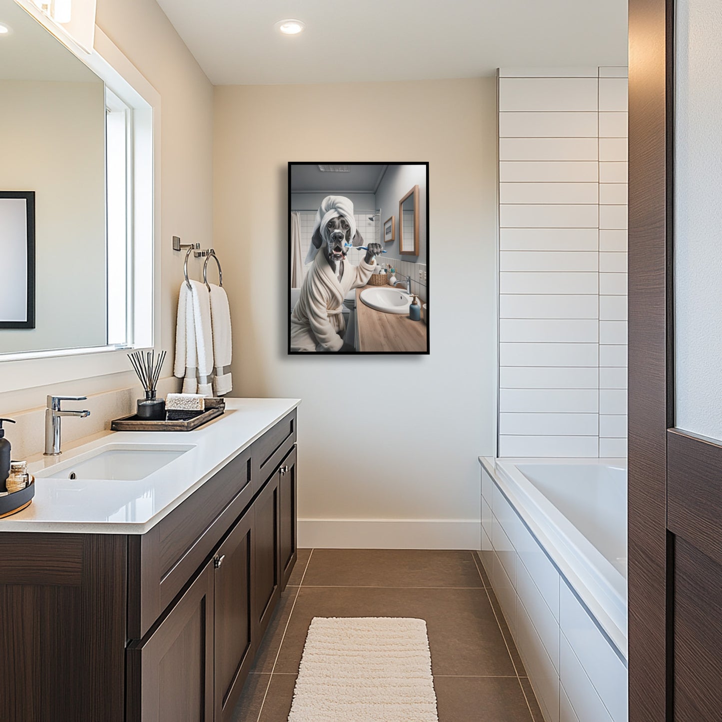 Great Dane in a bathrobe poster in a black frame by a dark wood vanity and a white bath mat
