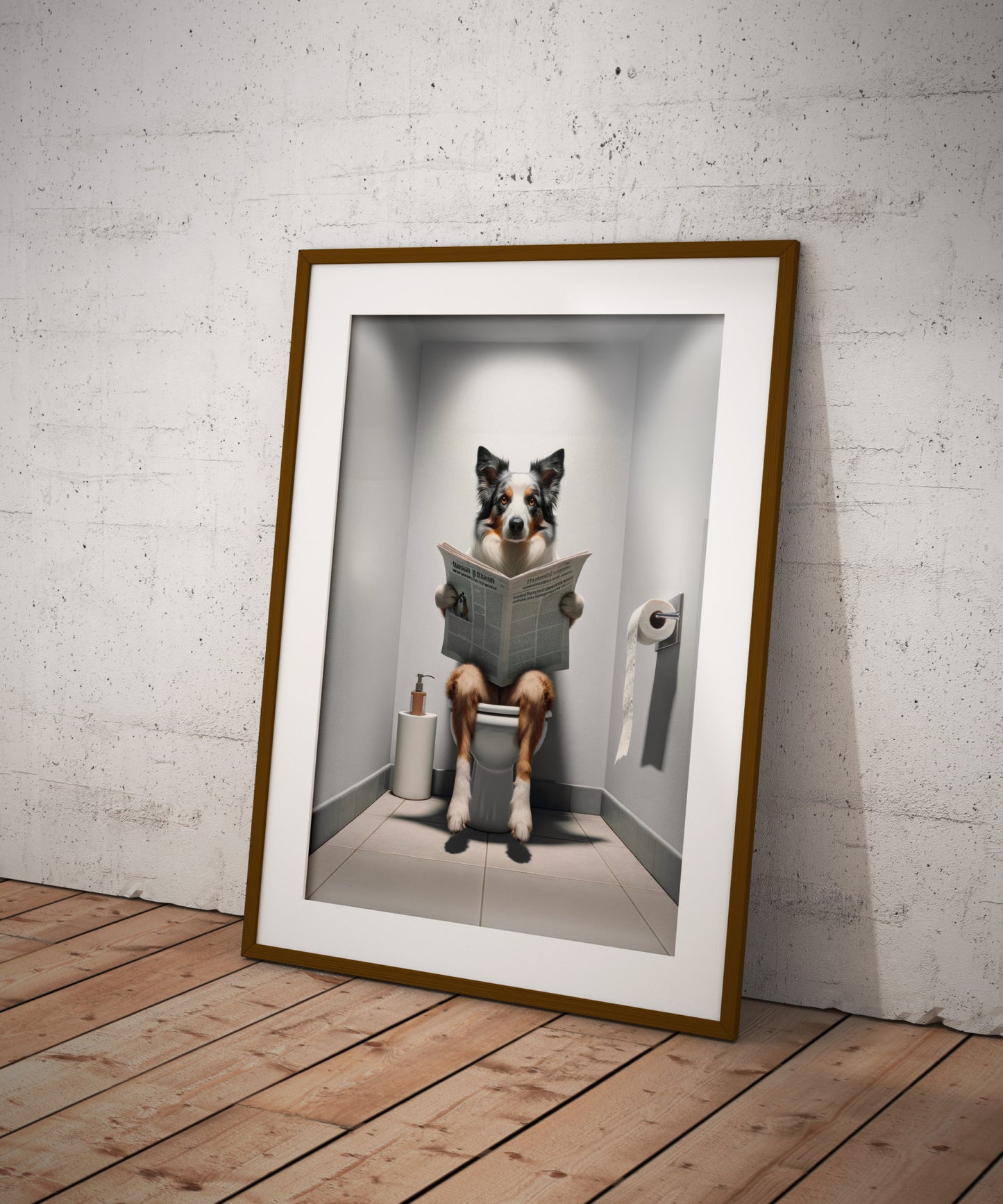 Poster Border Collie lisant le journal, cadre bois foncé et passe-partout, posé au sol contre un mur blanc