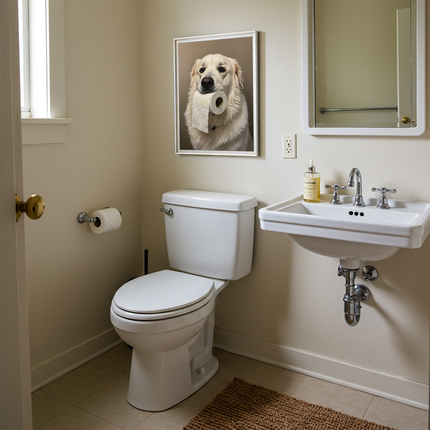 Poster montagne des Pyrénées au papier toilette en cadre blanc près du miroir, toilettes beiges avec lavabo