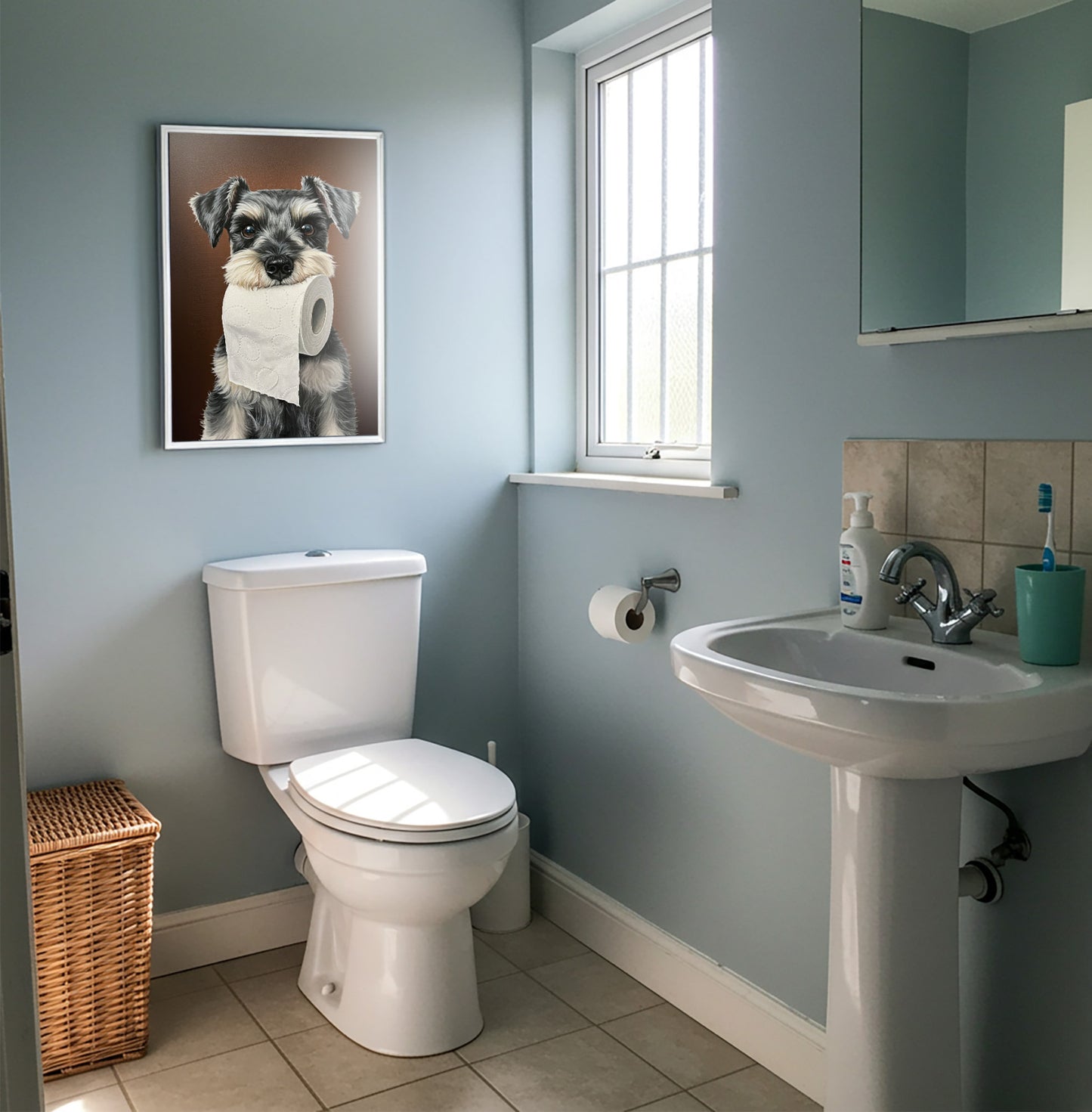 Mur bleu clair des toilettes avec le poster schnauzer nain au papier toilette en cadre blanc et un panier en osier
