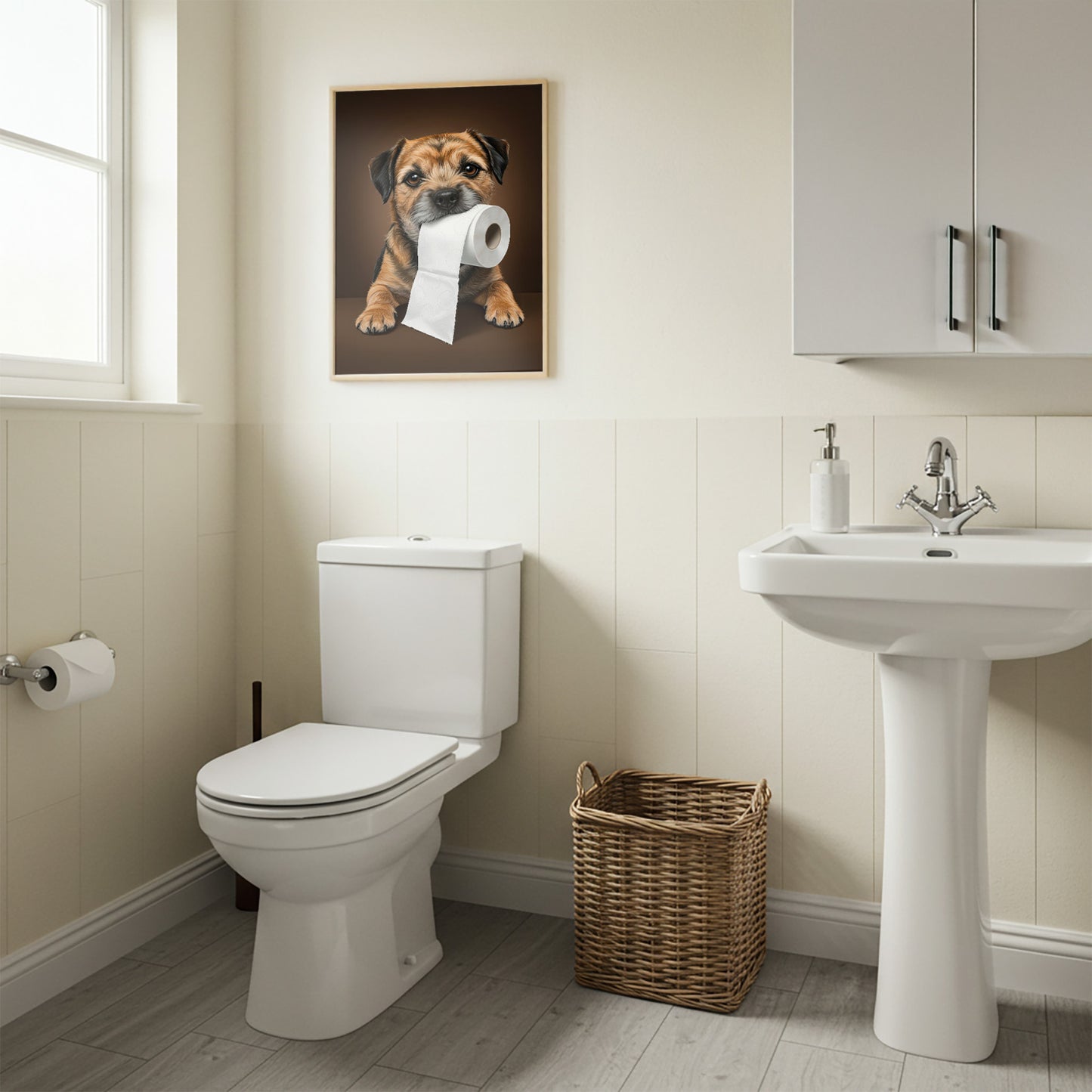Poster Border Terrier en cadre bois clair au-dessus des WC, panier en osier et lavabo sur colonne