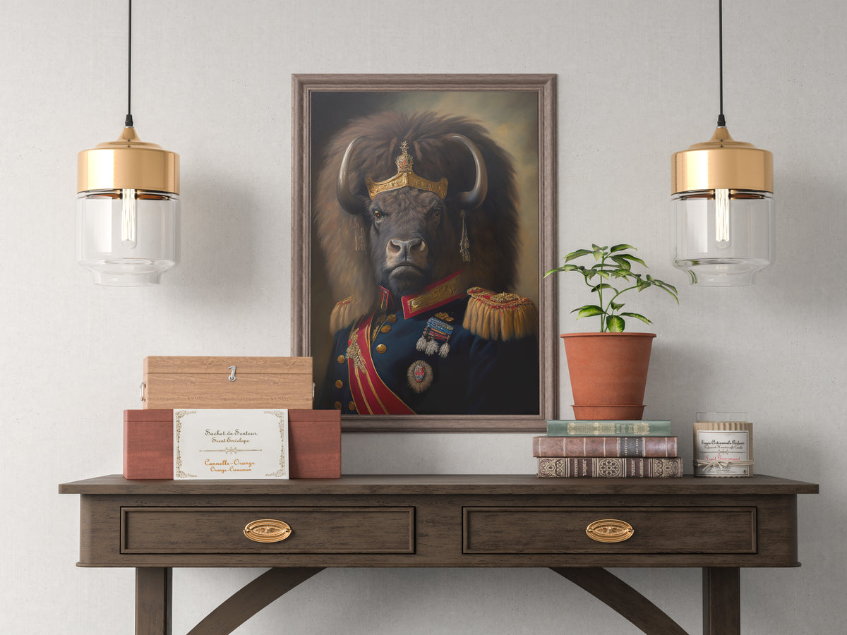 Buffalo in military uniform poster in a dark wood frame above a console between two pendant lights