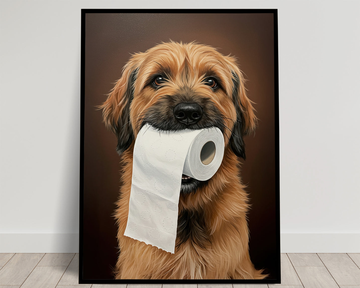 Briard fauve au poil long tenant un rouleau de papier toilette dans la gueule, fond brun, poster Balthazart Studio