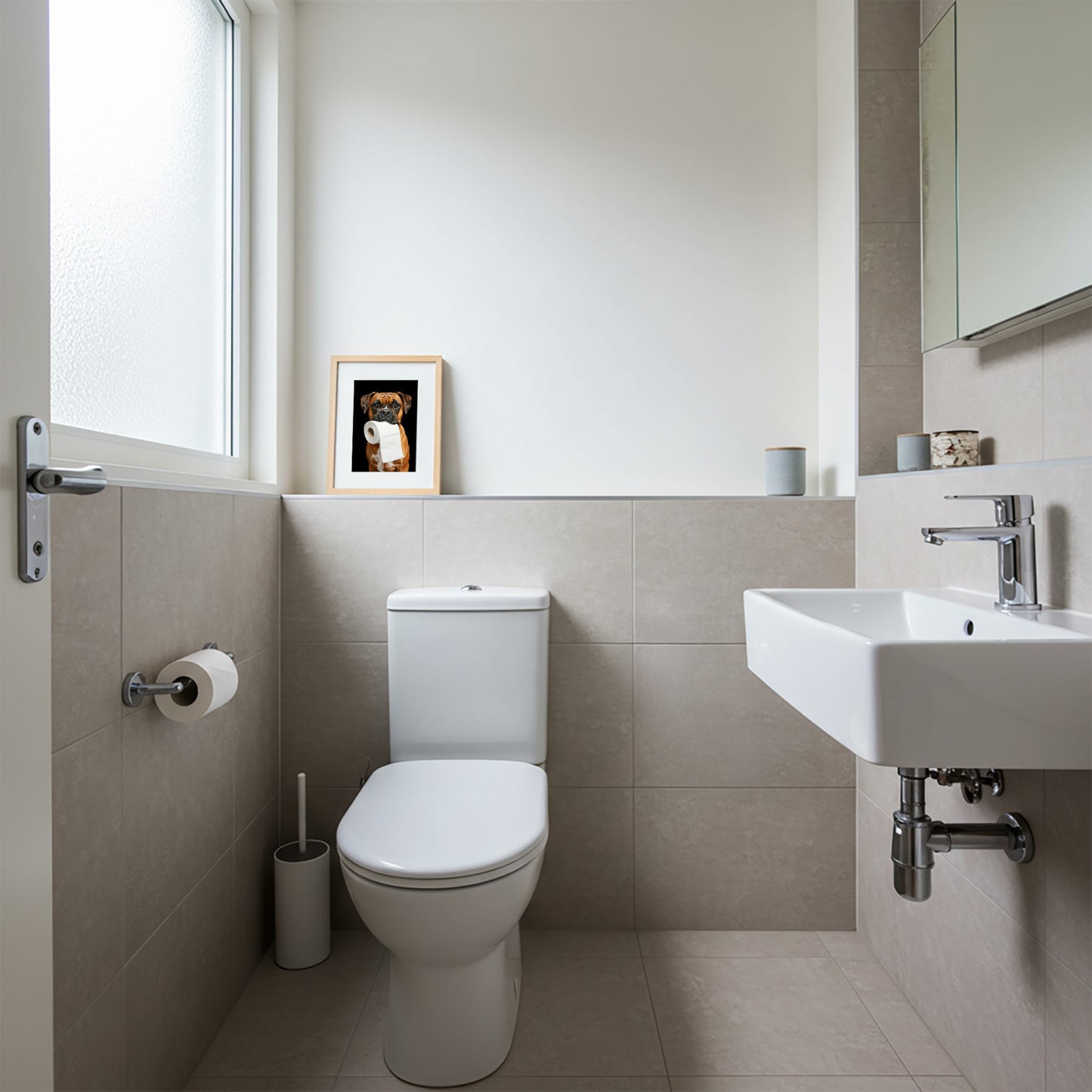 Small Boxer poster in a natural wood frame on a window ledge, beige tiled restroom