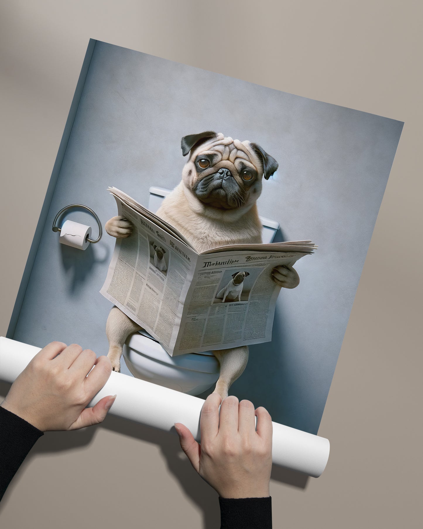 Poster Carlin lisant le journal, Décoration Humoristique WC, Cadre Salle de bain, Cadeau Fun