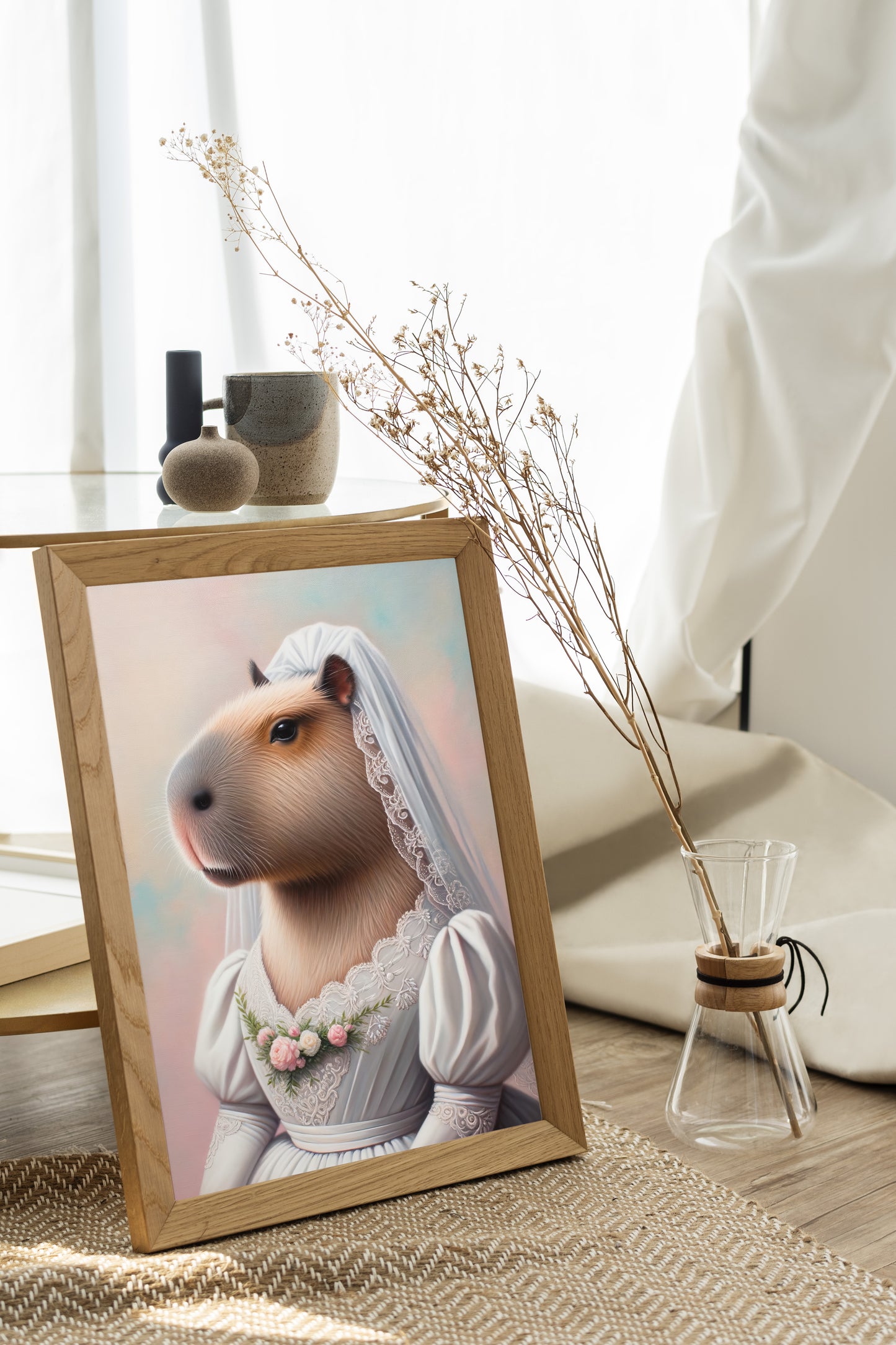 Poster capybara en robe de mariée, cadre bois clair posé au sol sur un tapis, branches séchées