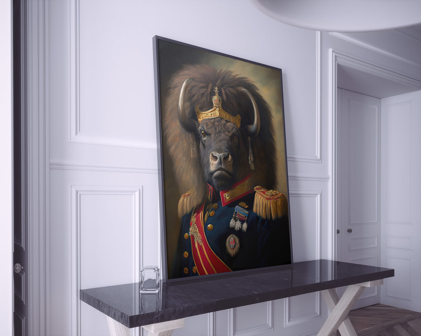 Heroic buffalo poster in a black frame on a black marble console in a room with white moldings