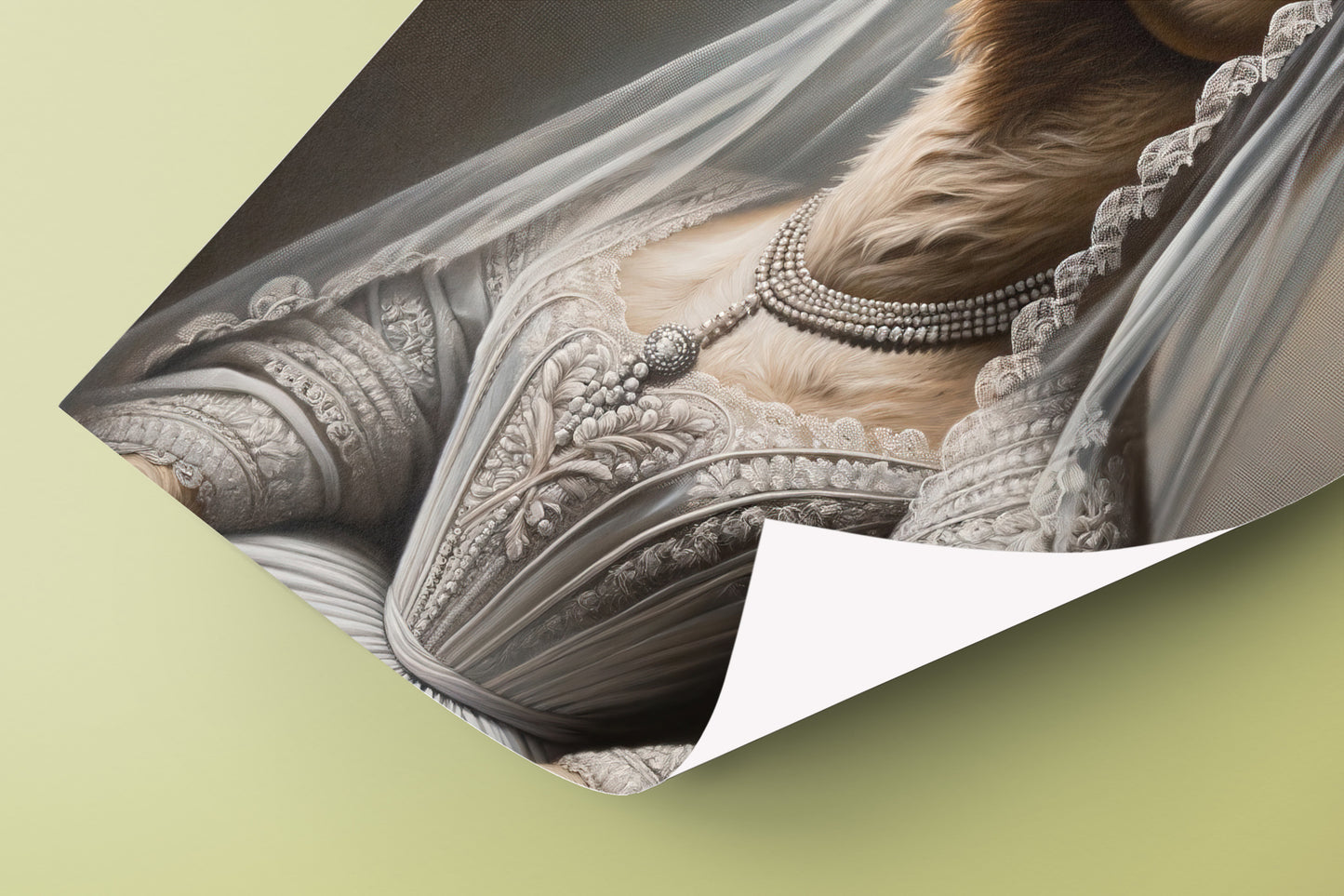 Detail of the camel bride poster: embroidered bodice and pearl necklace, corner curled on a green background