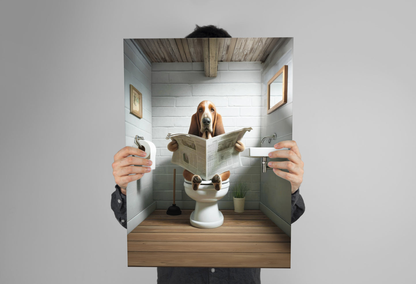 Poster Humoristique Basset Hound lisant le Journal sur les Toilettes – Décoration WC et Salle de Bain, Cadeau Amusant