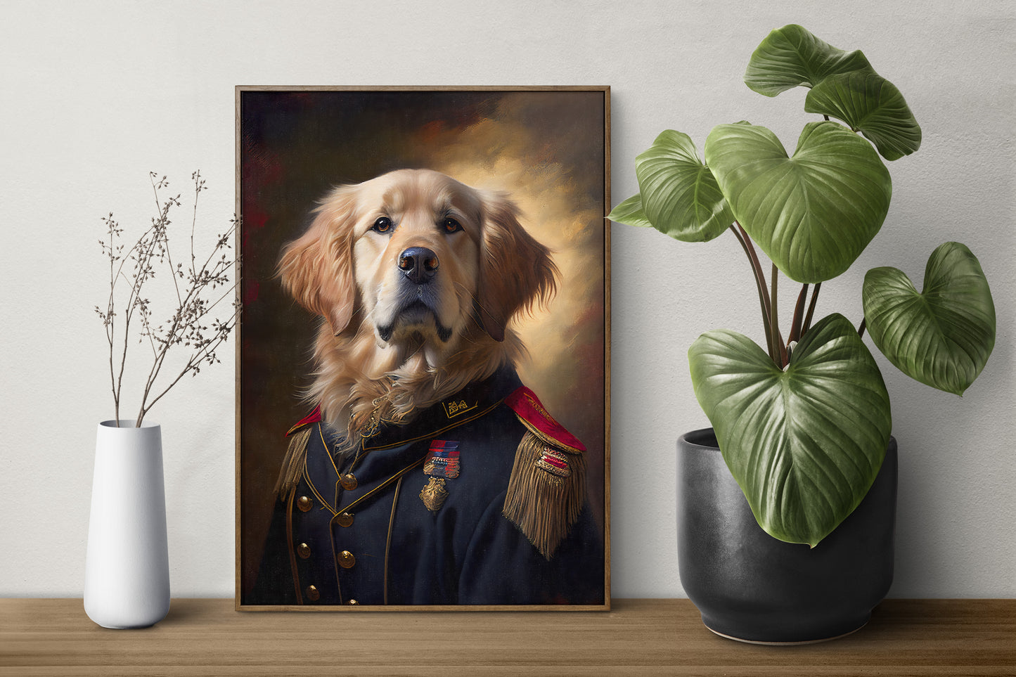 Golden Retriever in military uniform poster in a thin frame on a shelf between a white vase and a plant
