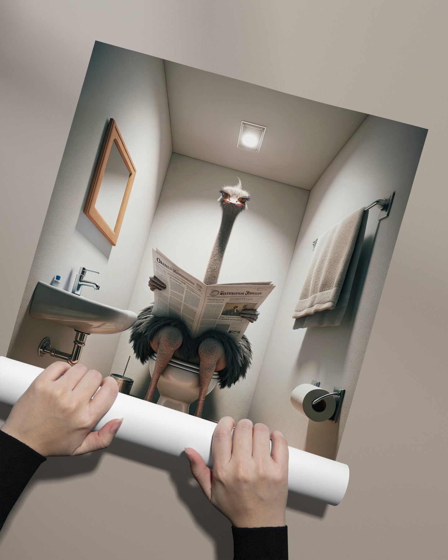Ostrich reading the newspaper print unrolled by hand on a taupe background