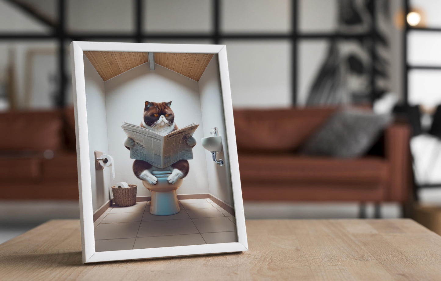 Affiche Humour Chat Exotic Shorthair Blanc et Chocolat aux Toilettes, Décoration WC & Salle de Bain, Idée Cadeau Originale