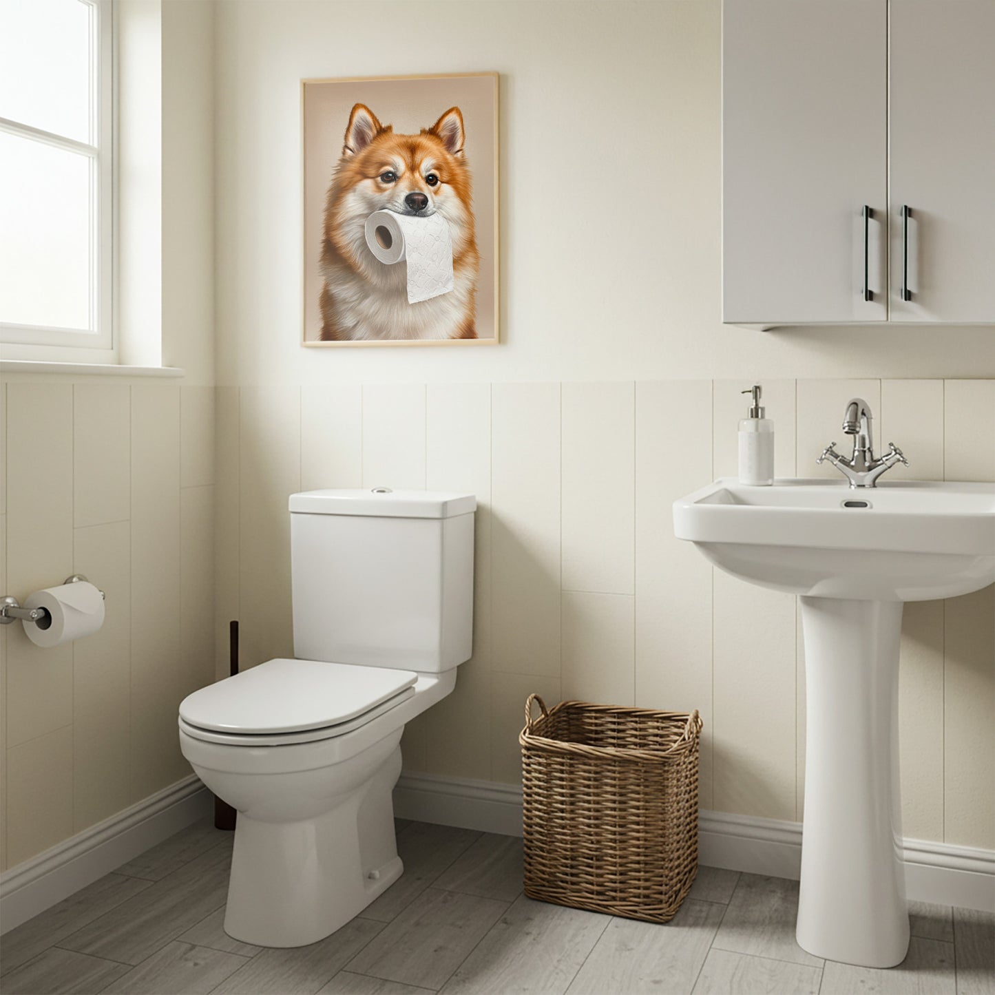 Toilettes à lambris blanc, poster spitz nain au papier toilette en cadre bois clair au-dessus de la cuvette