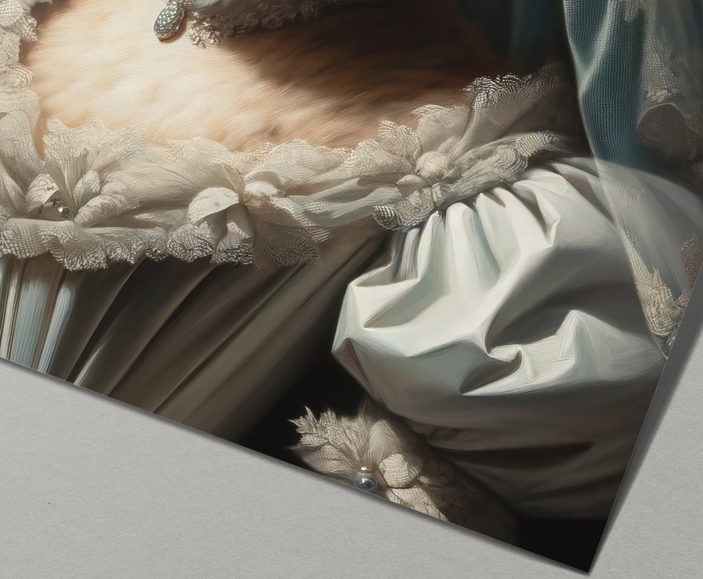 Détail du poster lapine en robe de mariée : manches bouffantes et col en dentelle ivoire