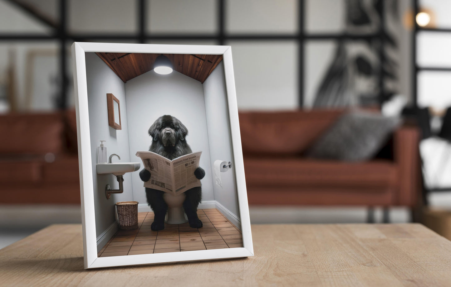 Poster Terre-Neuve noir sur toilettes lisant journal - Déco WC humour, cadre salle de bain, cadeau fun
