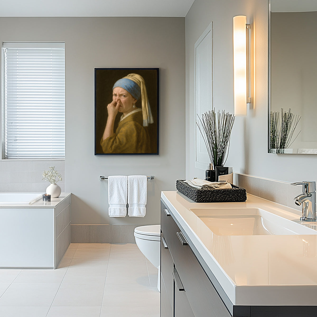 Salle de bain moderne et lumineuse, poster Jeune Fille à la perle qui se pince le nez en cadre noir près de la fenêtre