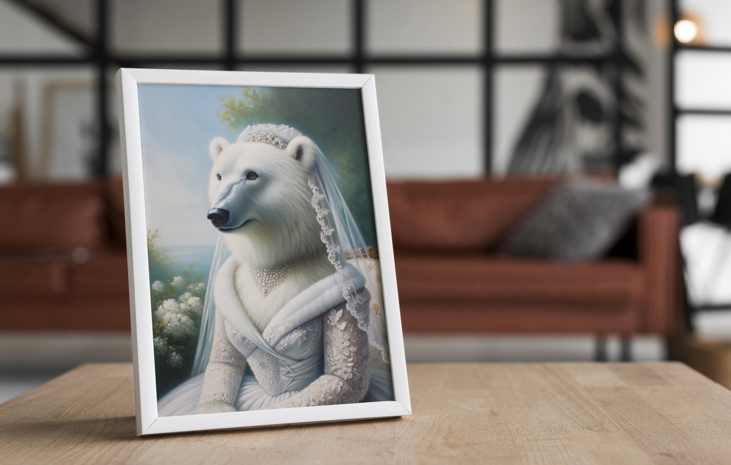 Polar bear in wedding dress poster in a white frame on a wooden table, blurred living room behind
