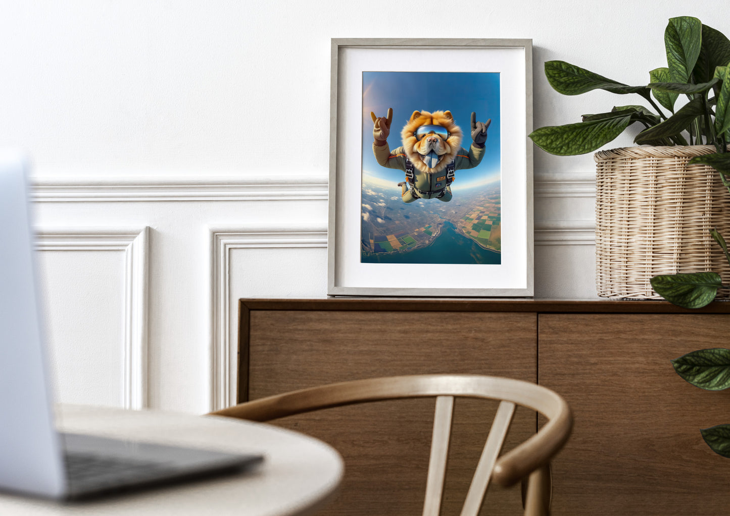 Affiche murale Chow-chow en chute libre - Poster chien parachute, déco sport extrême, idée cadeau unique