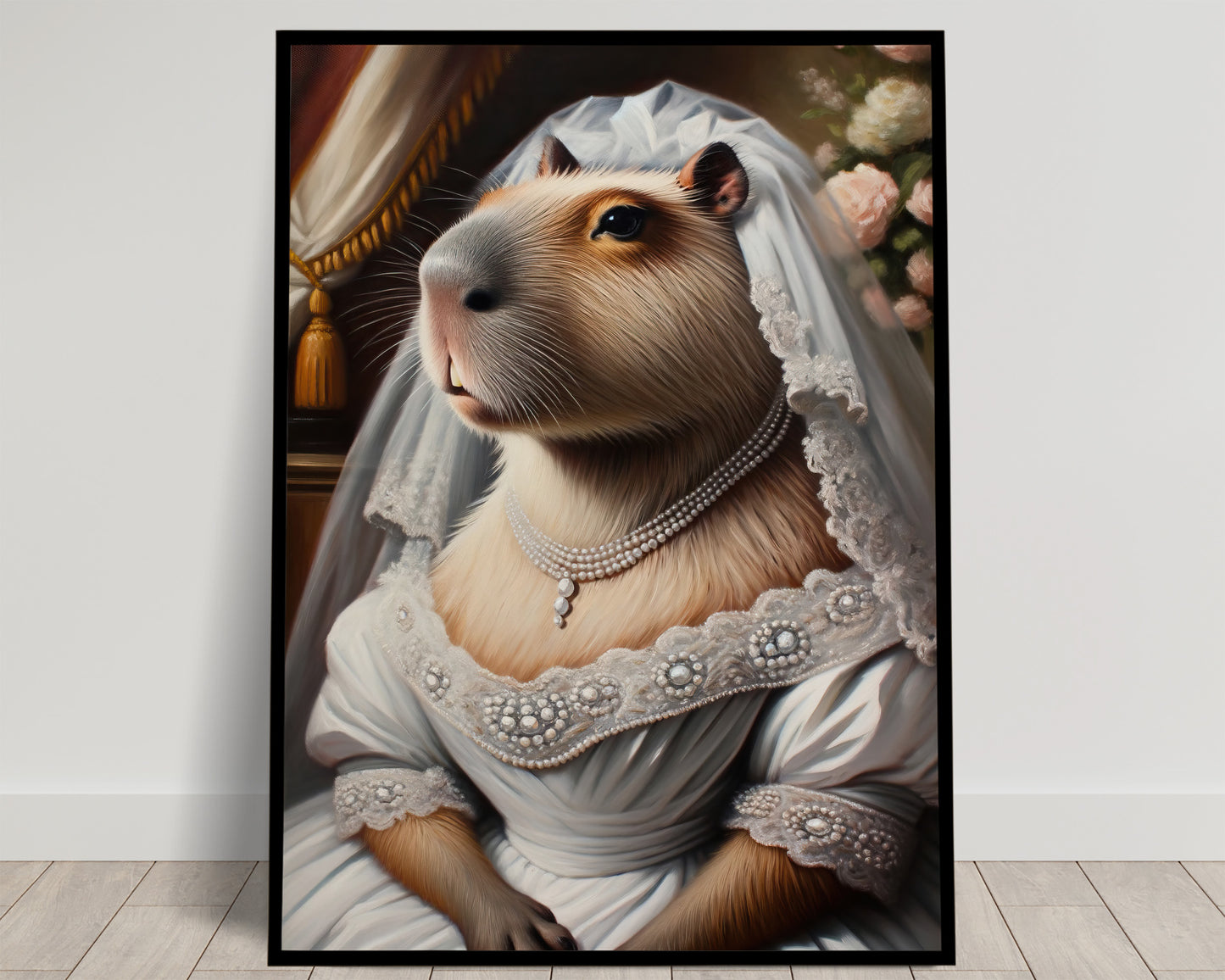 Capybara en robe de mariée brodée de perles, voile de dentelle et collier de perles, roses en fond, poster Balthazart Studio