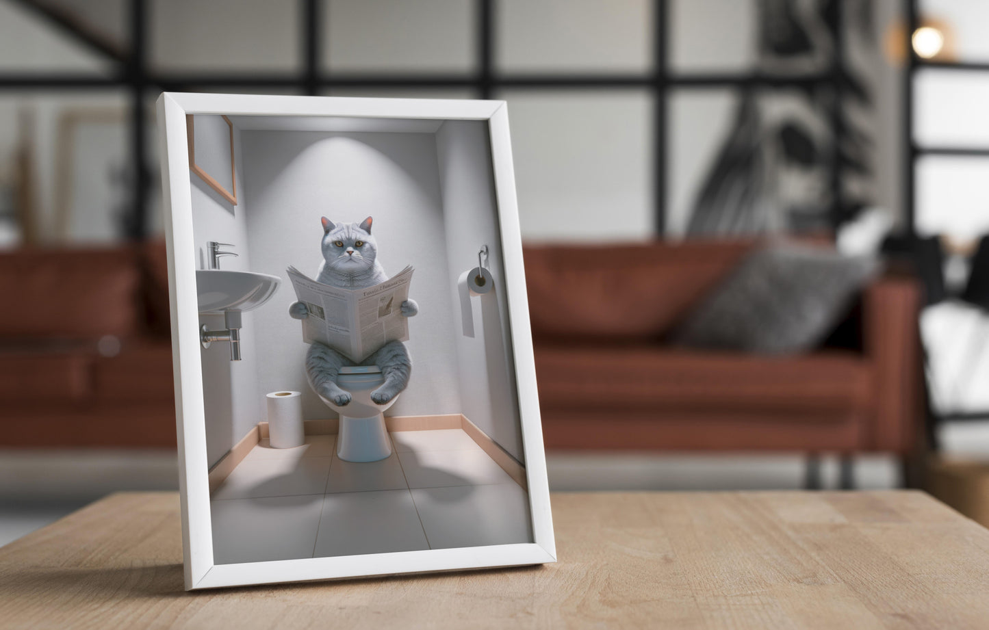 Affiche Murale Humour Chat British Shorthair sur Toilettes - Déco WC et Salle de Bain, Cadeau Original