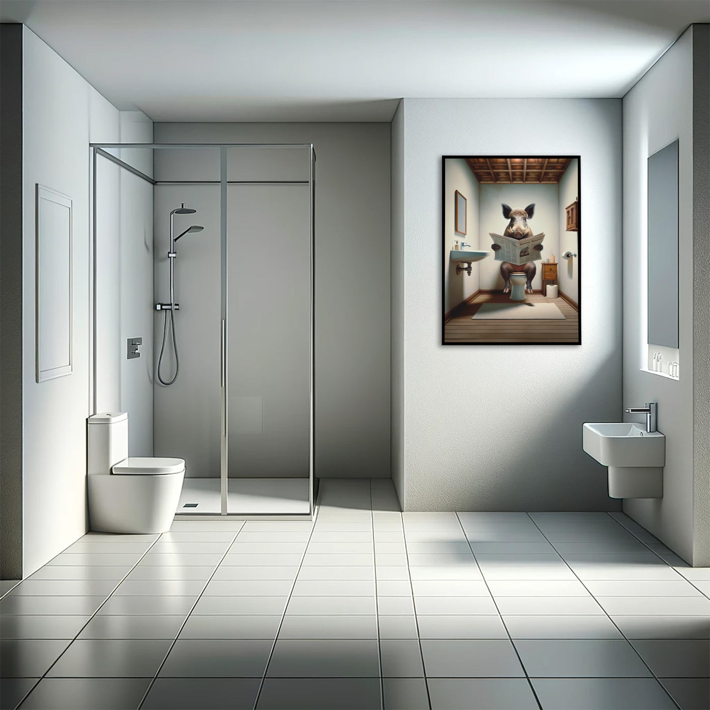 Bathroom humor wild boar reading the newspaper poster, black frame near a glass shower