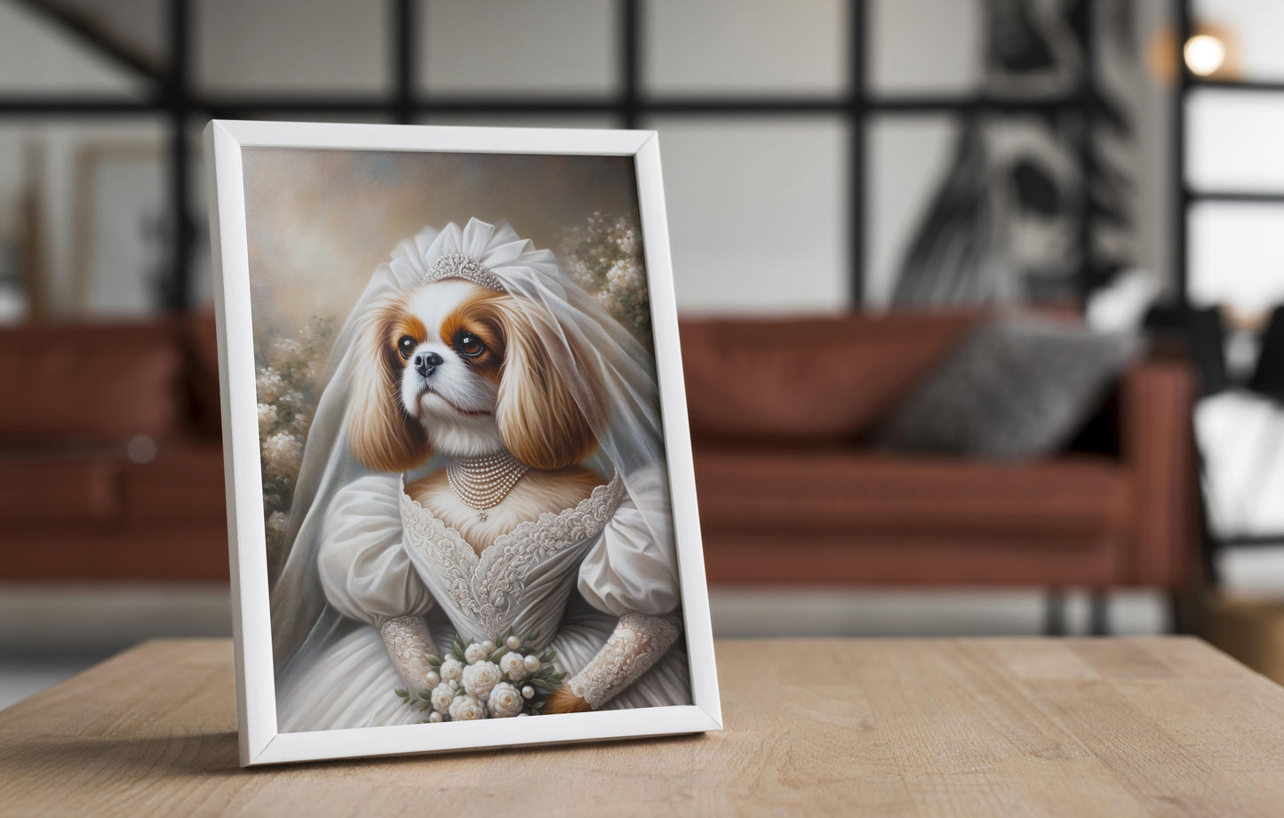 Poster chien Cavalier King Charles en robe de mariée, cadre blanc posé sur une table en bois devant un salon flou