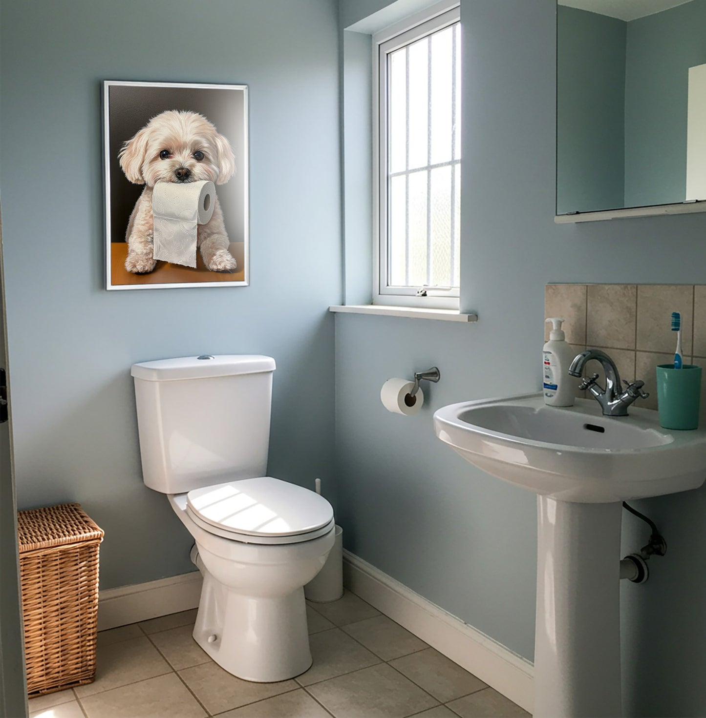 Poster Chien Bichon Frisé Humour Toilette – Décoration Murale WC, Cadeau Original, Affiche Encadrée, Idée Déco Animaux