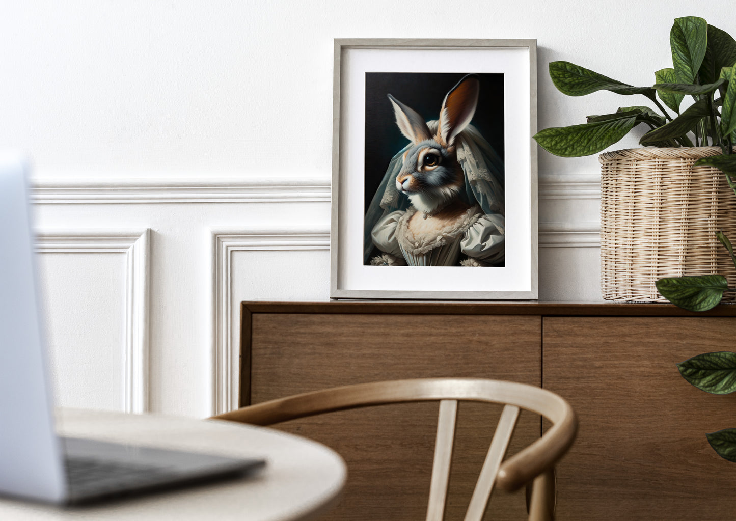 Poster lapine mariée, cadre bois clair et passe-partout sur un buffet en bois près d'une plante