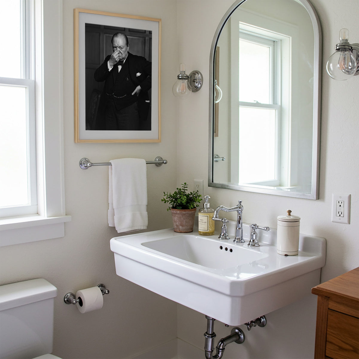 Poster Churchill qui se pince le nez en cadre bois clair près d'un miroir arrondi et d'un lavabo blanc