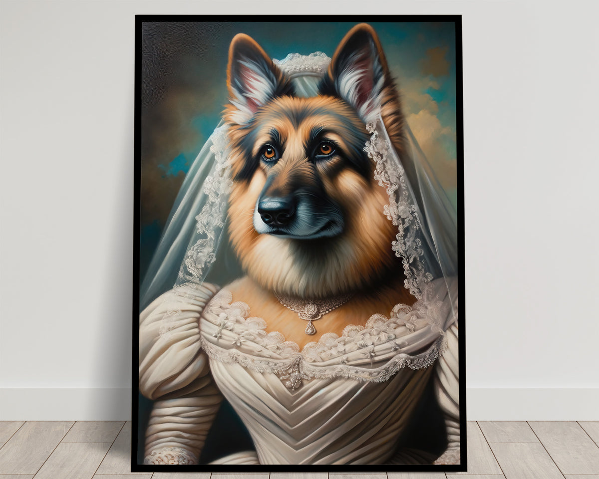 Portrait d'un berger allemand en robe de mariée ivoire à manches bouffantes et voile de dentelle, fond bleu et ocre
