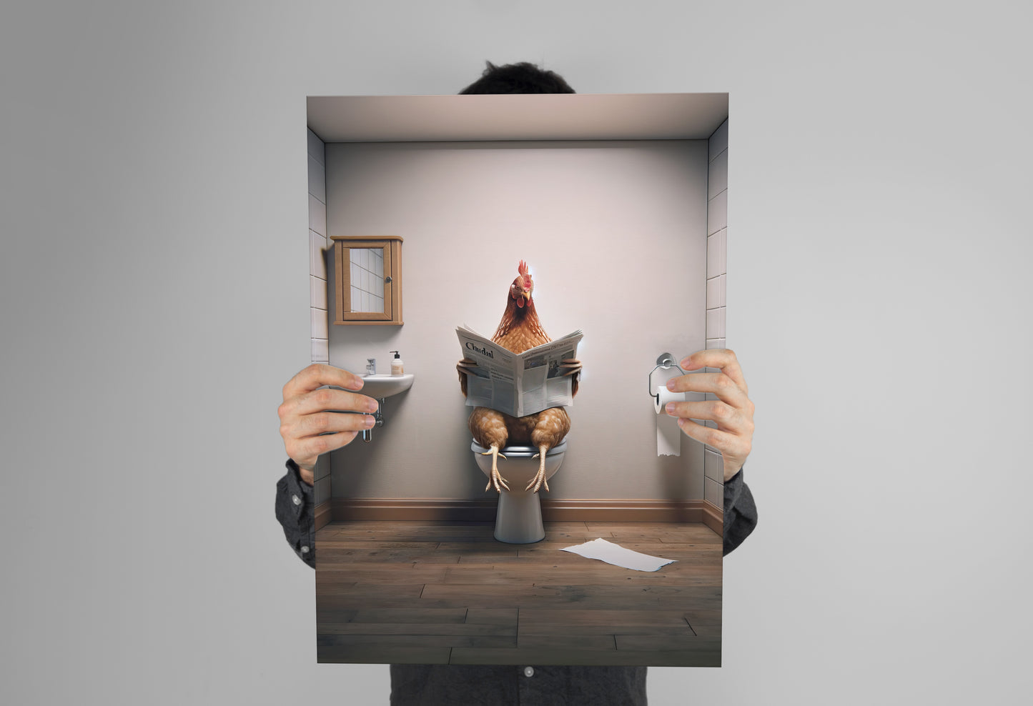 Poster poulet lisant le journal tenu à deux mains devant un mur gris