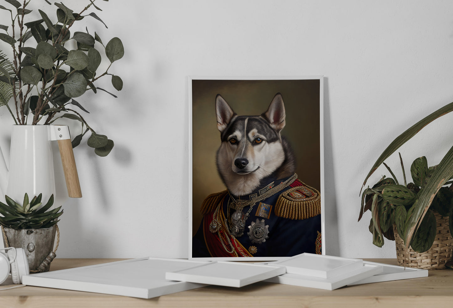 Poster husky en uniforme militaire posé sur une étagère en bois entre des plantes vertes