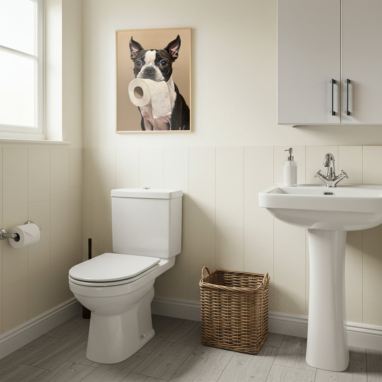 Poster Boston Terrier en cadre bois clair au-dessus des WC, panier en osier et lavabo sur colonne