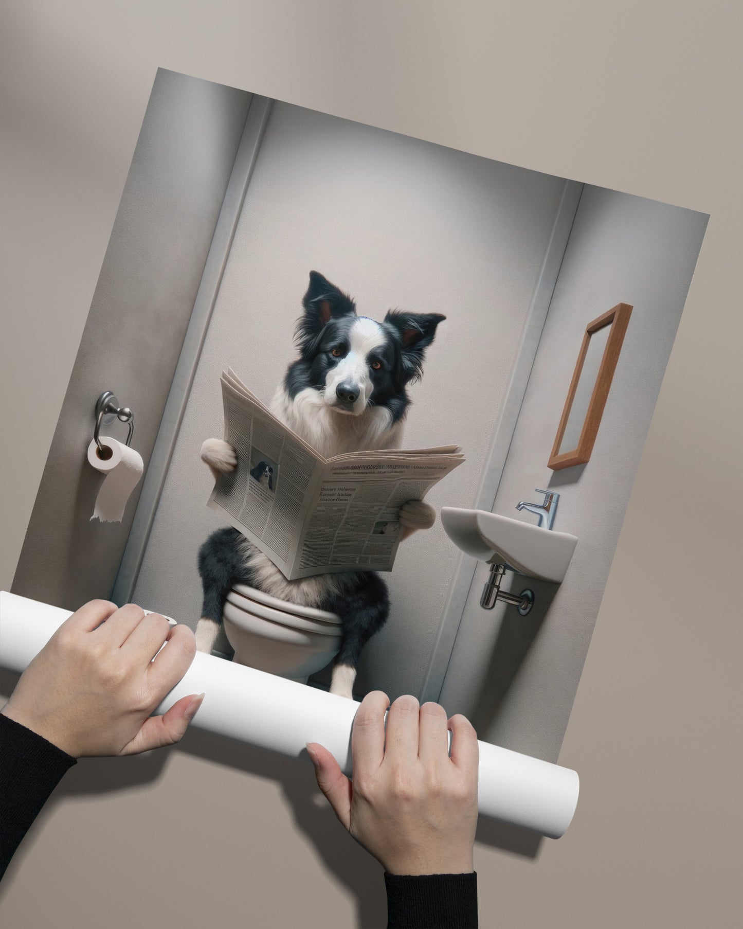 Poster Humour: Border Collie lisant le journal aux toilettes, Déco Salle de Bain, Cadeau Original, Art Mural WC