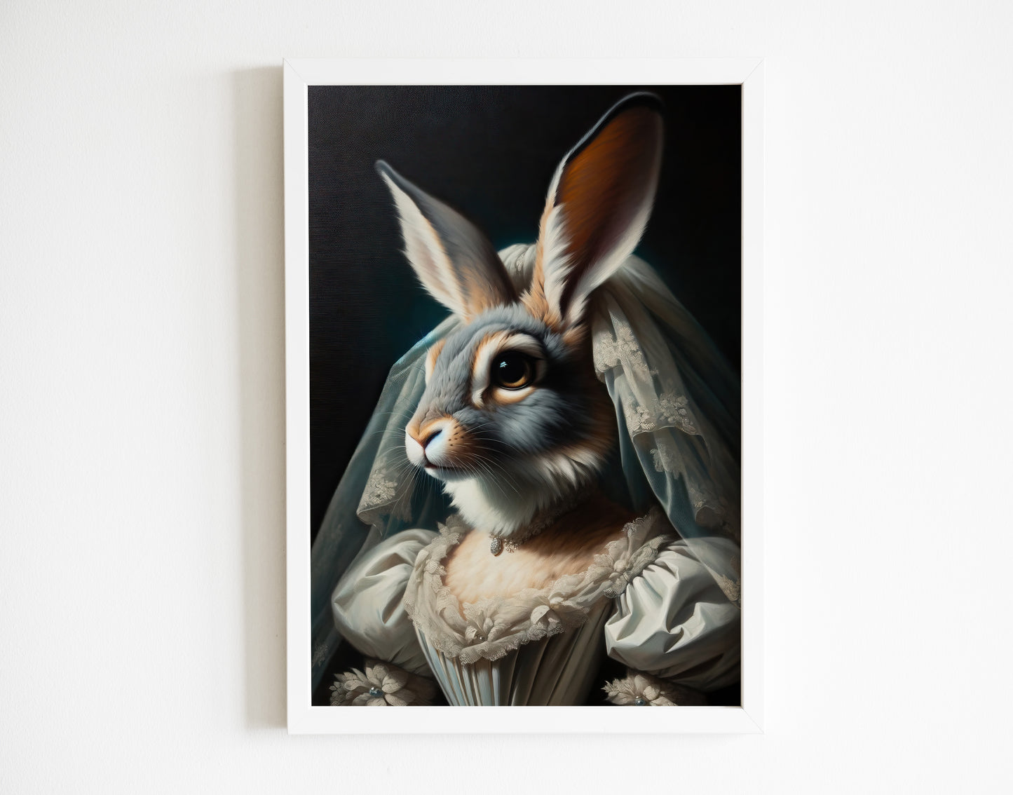 Poster lapine mariée dans un cadre blanc accroché sur un mur blanc