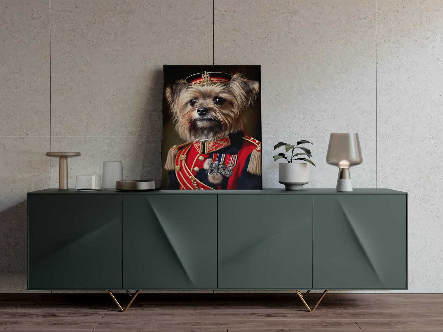 Affiche yorkshire en uniforme posée sur un buffet vert foncé avec lampe et vases