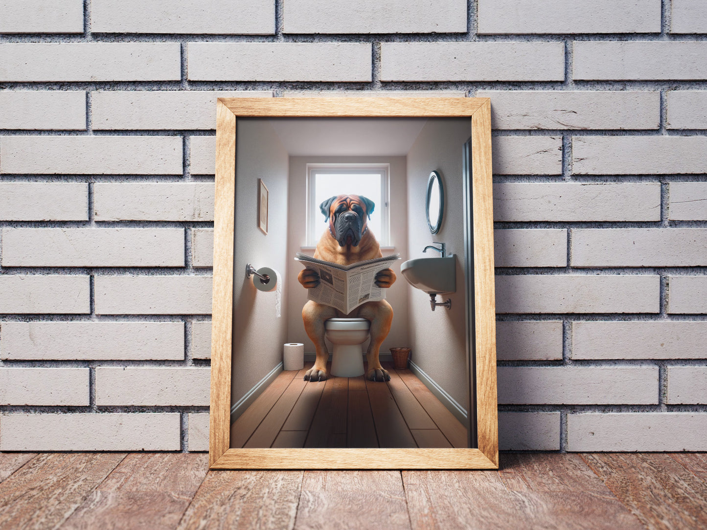 Affiche d'un Bullmastiff lisant le journal, Déco Humour WC, Cadre Toilettes, Poster Salle de Bain, Cadeau Chien Amusant