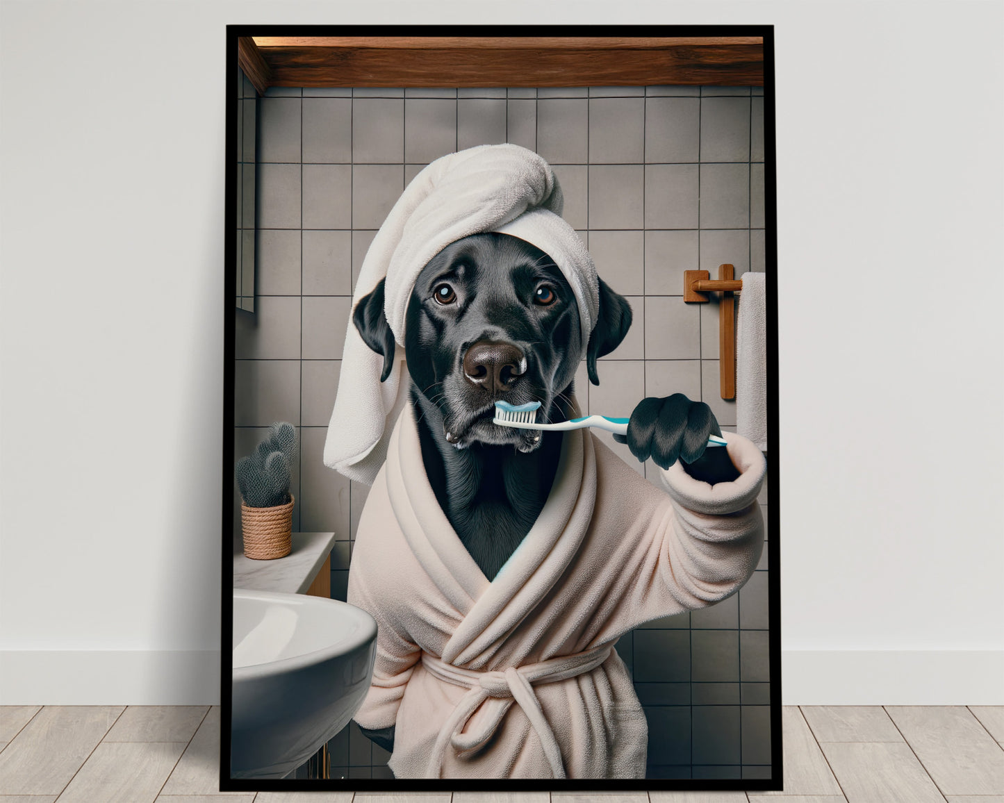 Labrador noir en peignoir rose pâle et serviette sur la tête se brossant les dents, carrelage gris, poster Balthazart Studio