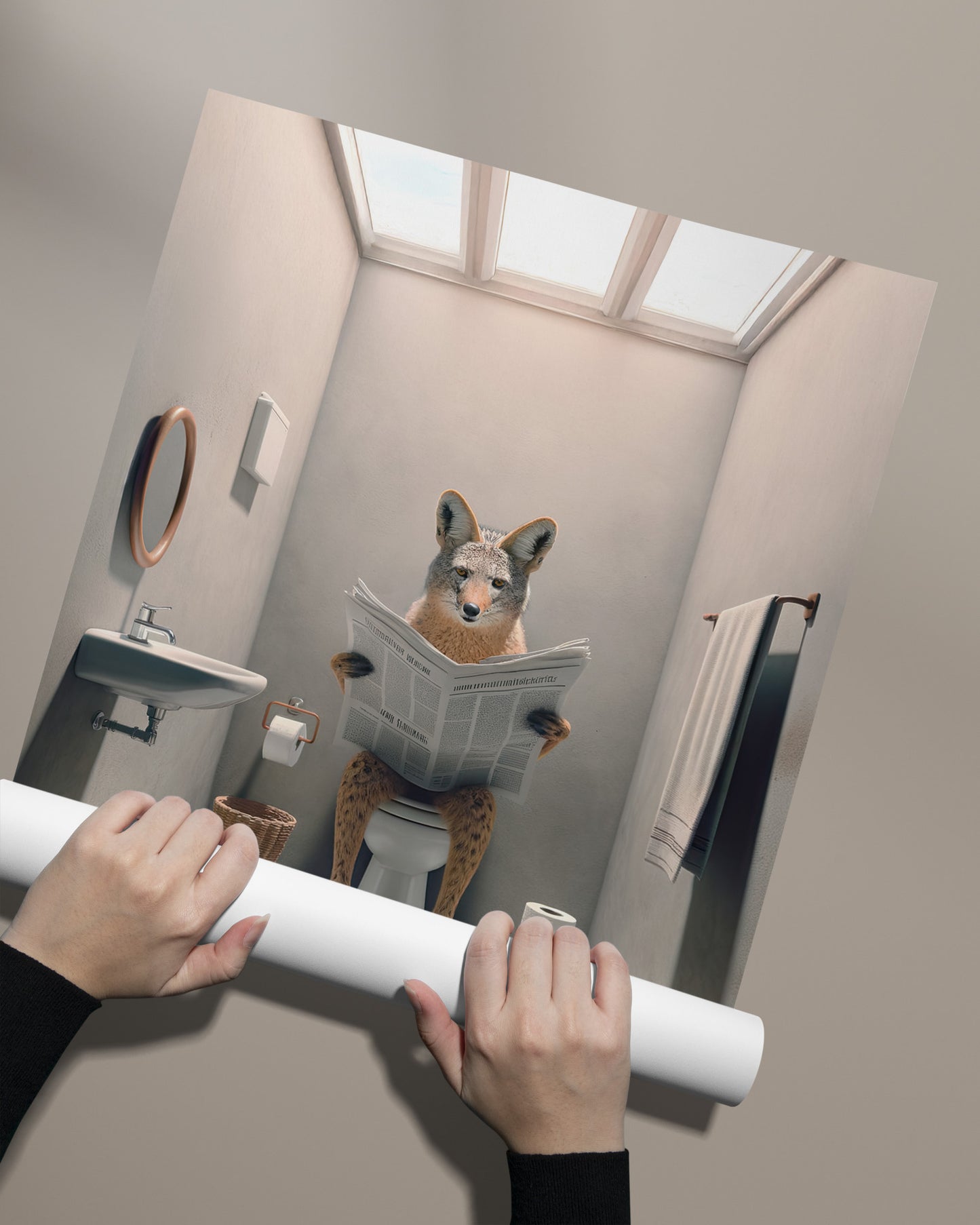 Paper print of the jackal reading the newspaper poster unrolled by hand