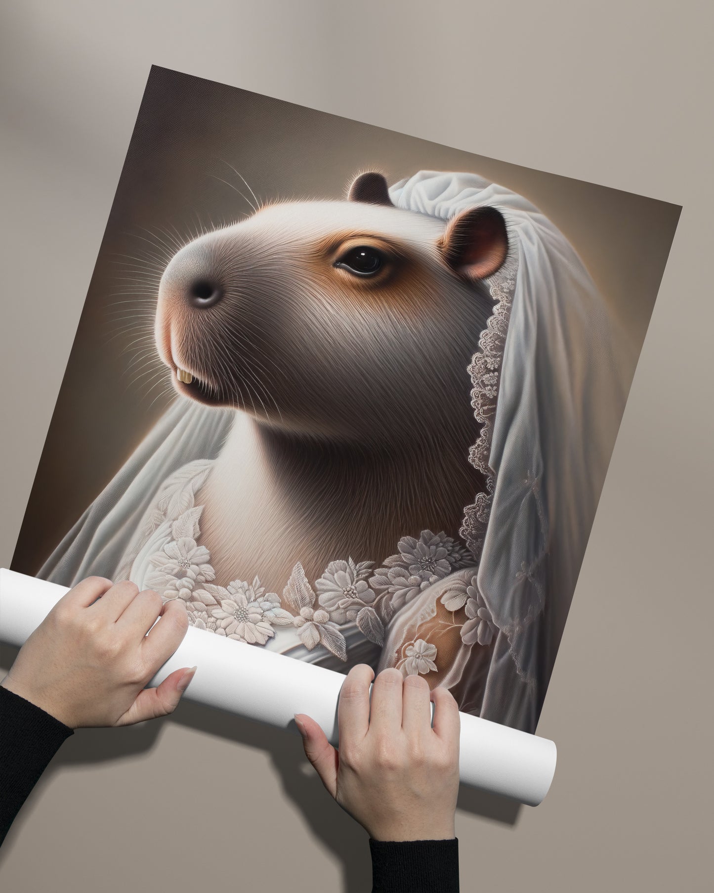 Poster capybara mariée déroulé à la main, voile de dentelle et regard de profil