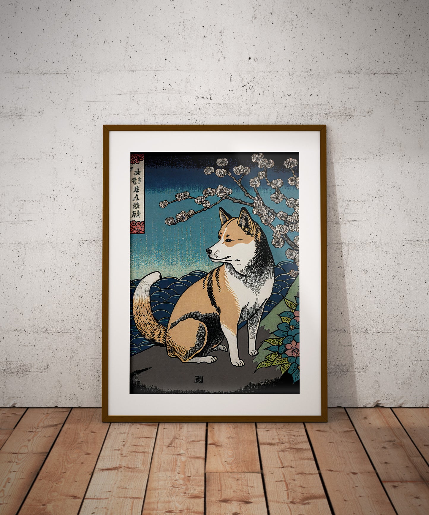 Affiche shiba inu, cadre bois foncé et passe-partout, posée au sol contre un mur de briques