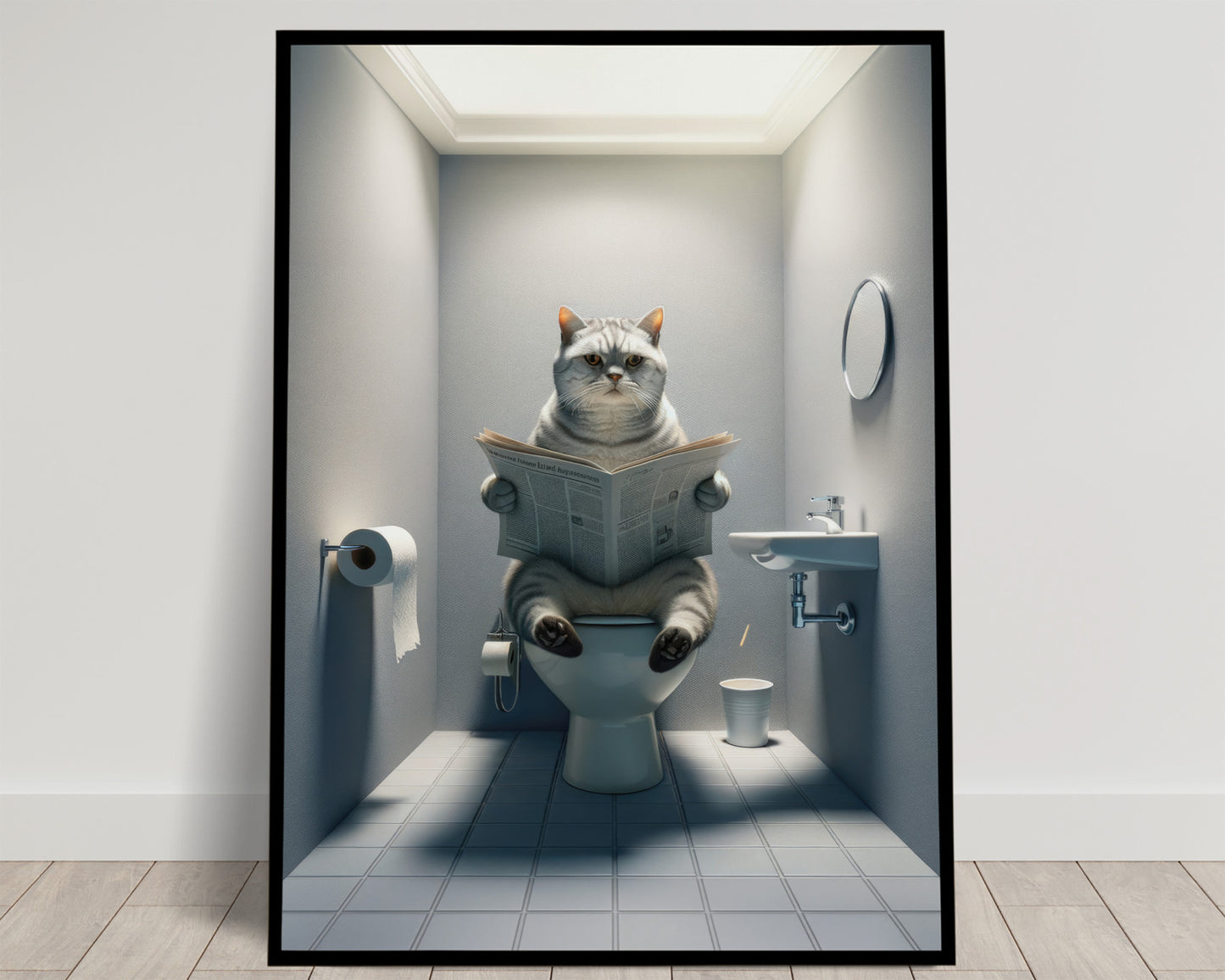 Affiche Murale Humour Chat British Shorthair Tigré Argenté, Déco WC & Salle de Bain, Cadeau Idéal