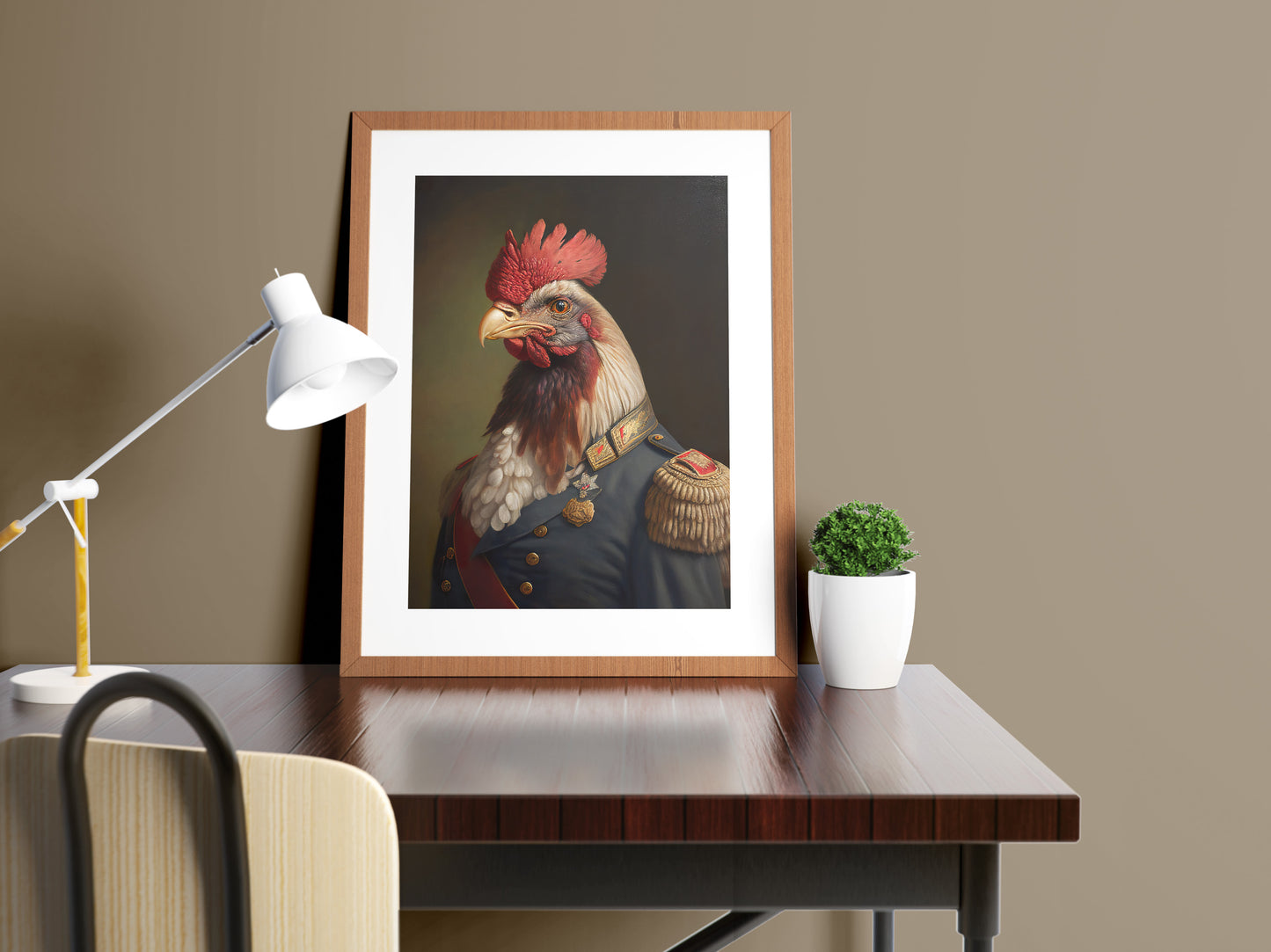 Poster coq officier, cadre en bois et passe-partout, sur un bureau près d'une lampe blanche